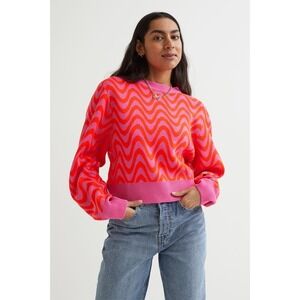 H&M Hot Pink Orange Squiggly Oversized Boxy Cropped Avant Garde Sweater Size L